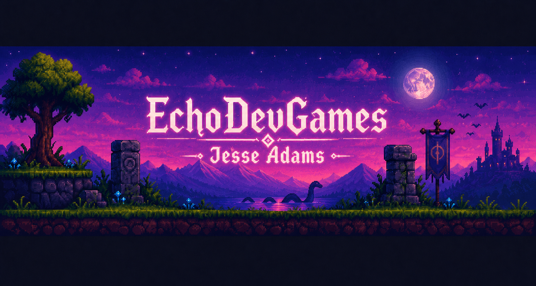 EchoDevGames pixel art fantasy landscape banner with mountains and moon