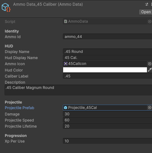 Unity Inspector screenshot of an AmmoData ScriptableObject showing projectile prefab, damage, speed, lifetime, and ammo identity values