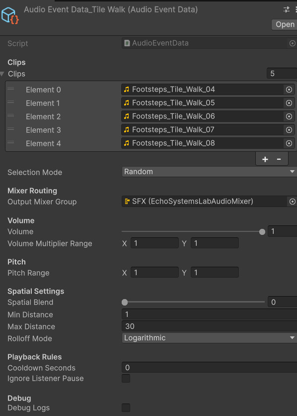 Unity Inspector screenshot of AudioEventData showing clip array, selection mode, mixer routing, volume, pitch range, spatial settings, cooldown, and playback rules