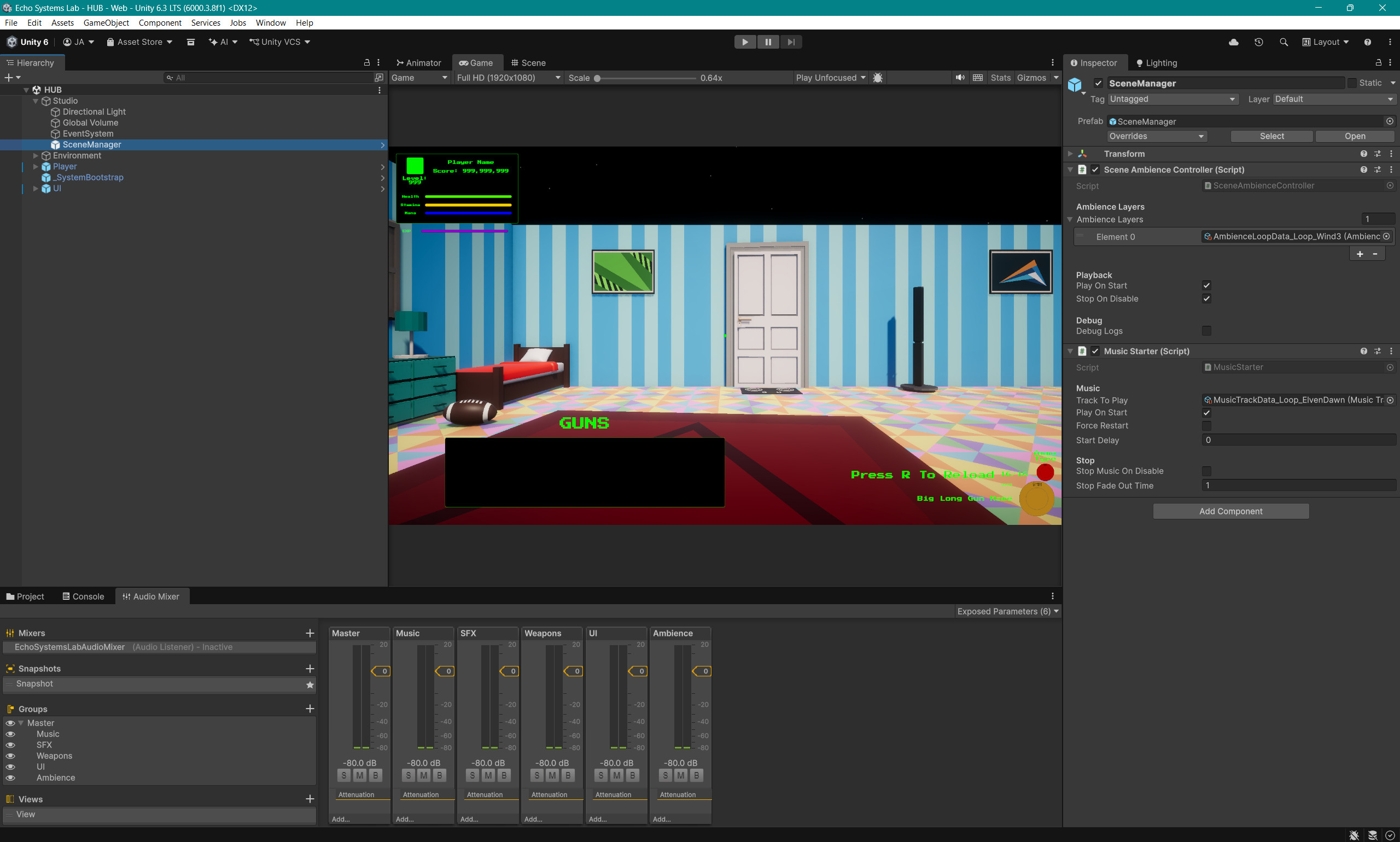 Unity Audio Mixer screenshot showing master, music, SFX, weapons, UI, and ambience mixer groups with exposed volume parameters