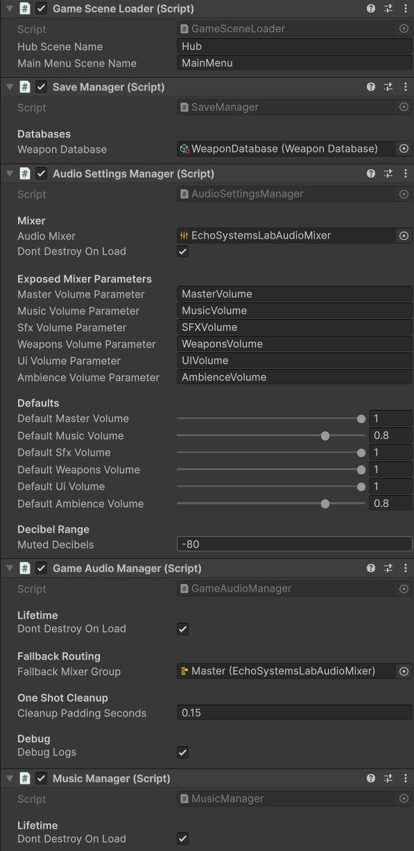 Unity Inspector screenshot of the SystemBootstrap object showing SaveManager, AudioSettingsManager, and GameAudioManager as persistent runtime services