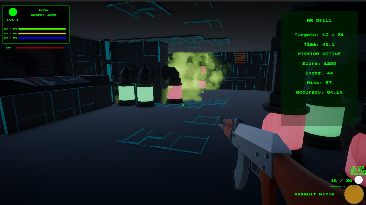 Gameplay screenshot showing destroyed or broken targets after being hit during a target range drill