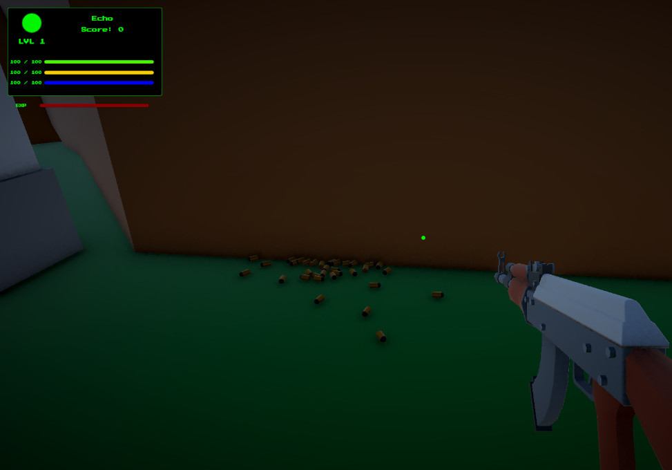 Gameplay screenshot showing missed projectiles or shotgun pellets dropped harmlessly on the ground after their active flight time expires