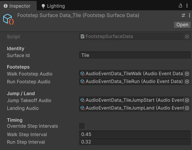 Unity Inspector screenshot of FootstepSurfaceData showing walk, run, jump takeoff, landing audio, and optional step interval override values