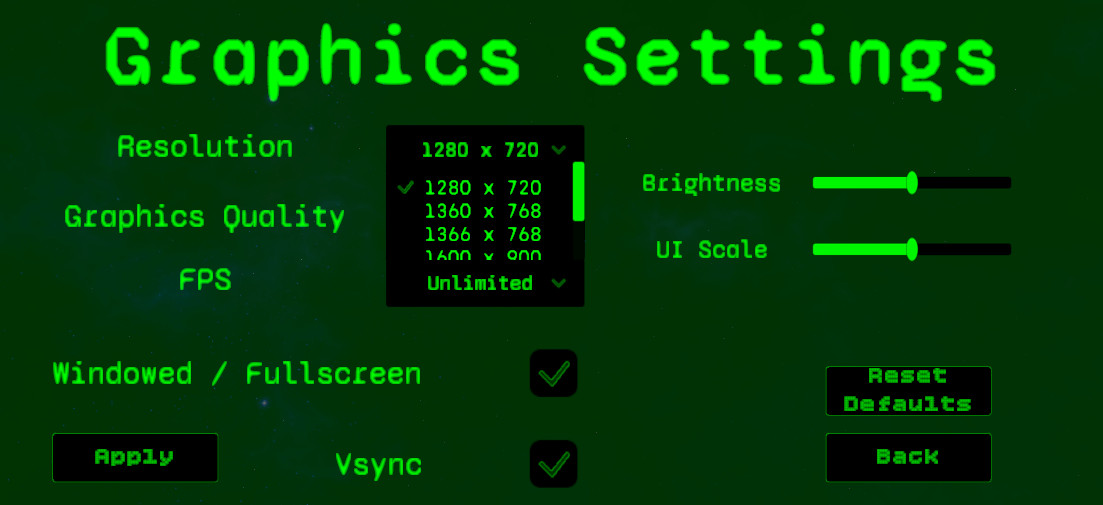 Screenshot of the resolution dropdown showing safe widescreen resolution options in the Graphics Settings menu.