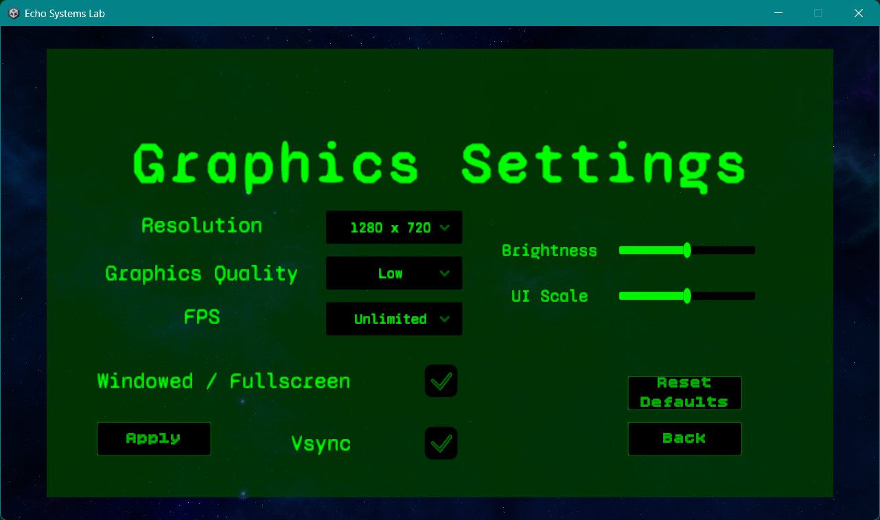 Live Windows build screenshot demonstrating the Graphics Settings menu running outside the Unity editor.