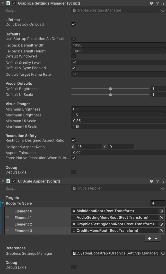 Unity Inspector screenshot showing GraphicsSettingsManager defaults, visual ranges, resolution safety settings, and debug options.