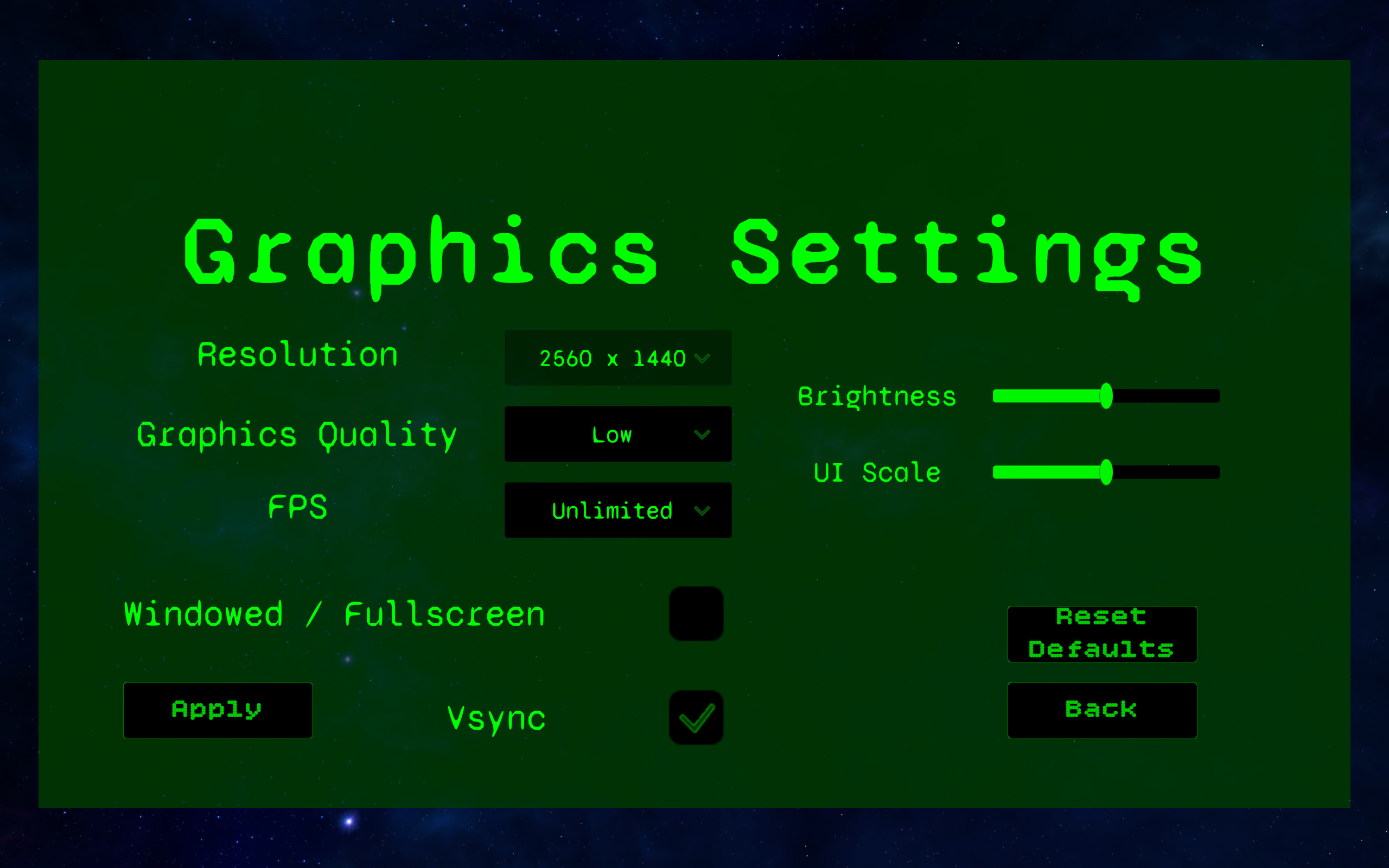 Graphics Settings menu showing resolution, FPS cap, graphics quality, brightness, UI scale, windowed mode, VSync, apply, reset defaults, and back controls.