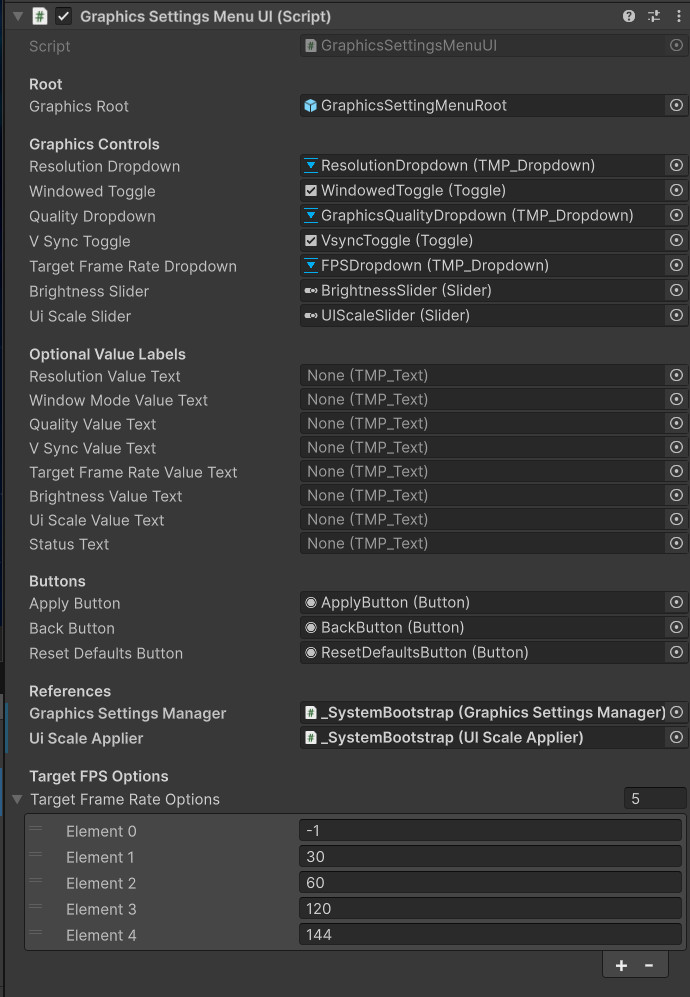 Unity Inspector screenshot showing GraphicsSettingsMenuUI references for dropdowns, toggles, sliders, buttons, value labels, and the GraphicsSettingsManager.
