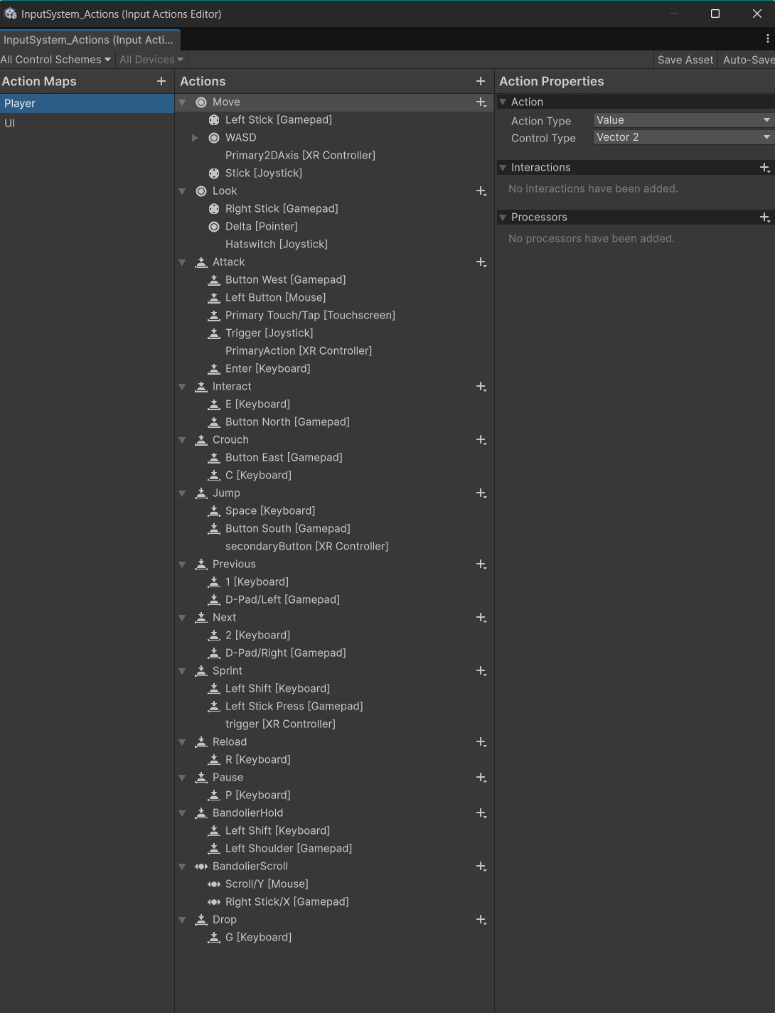 Unity Input Actions asset screenshot showing Player actions such as Move, Look, Jump, Attack, Reload, Interact, Drop, Pause, Next, Previous, BandolierHold, and BandolierScroll