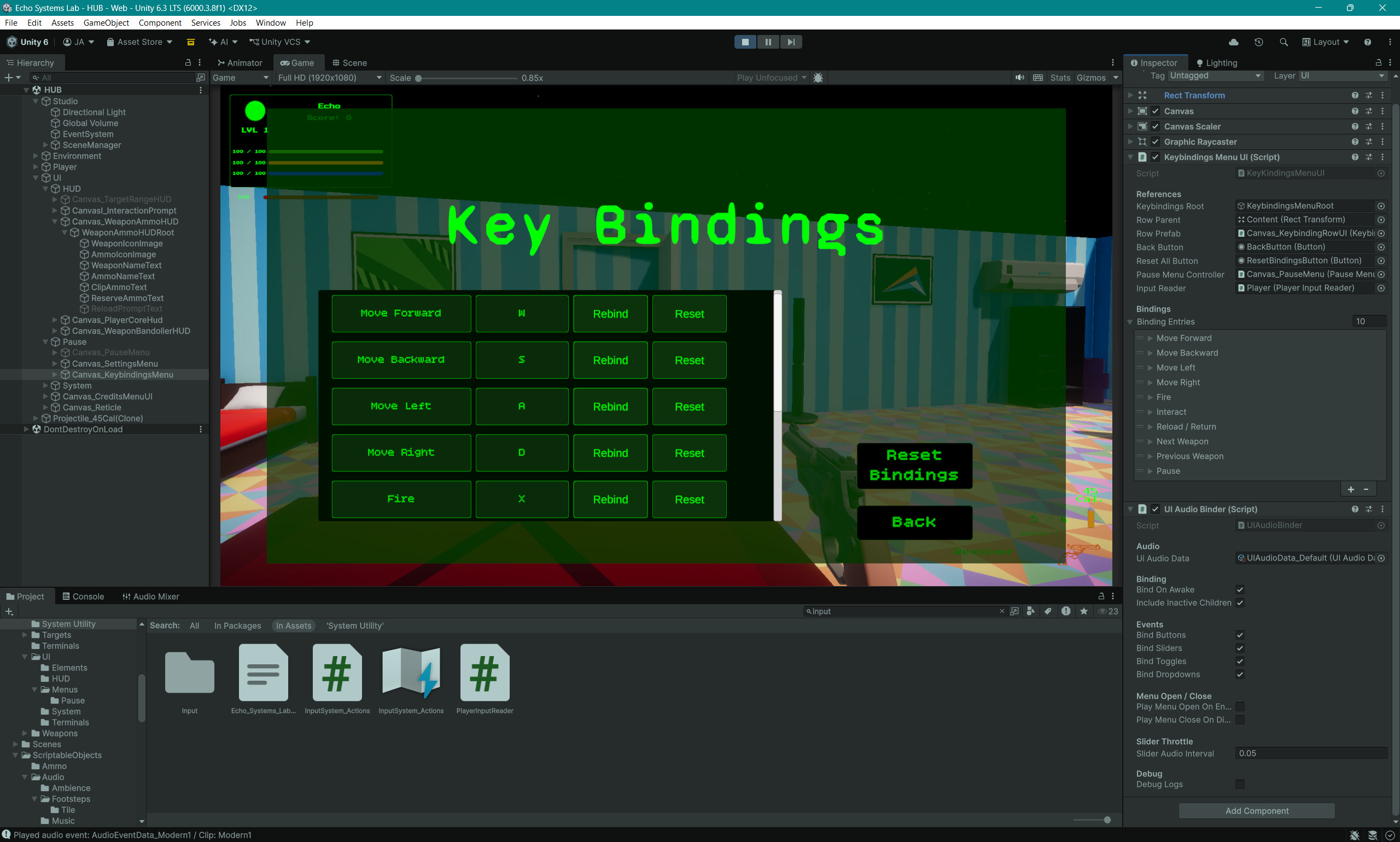 Unity Inspector screenshot of a KeybindingRowUI prefab showing action label text, binding display text, rebind button, and reset button references