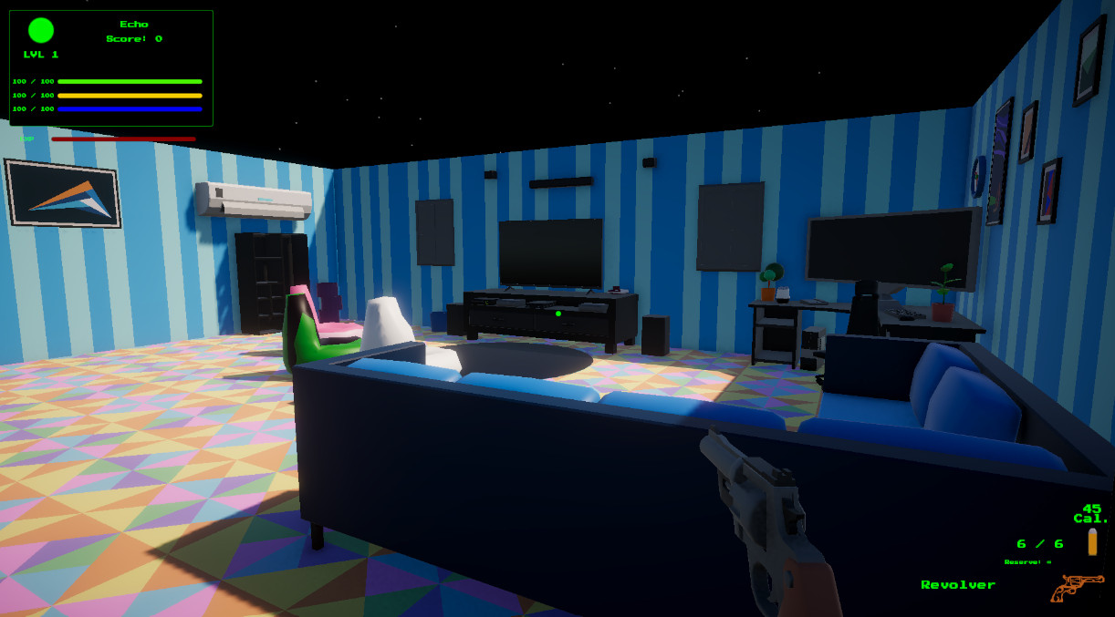 Unity gameplay screenshot of the Echo Systems Lab hub environment where interactable objects are placed in the world