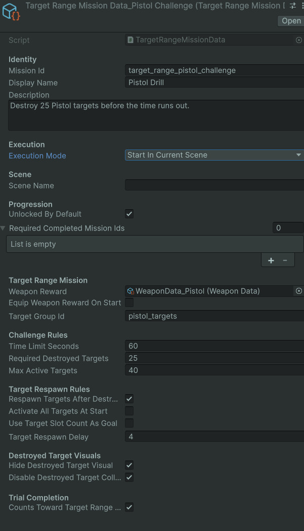 Unity screenshot of Target Range mission Scriptable Objects