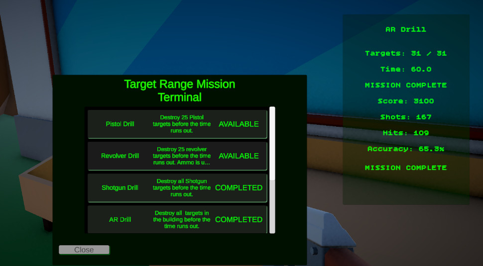 Target Range Trial completion screenshot showing mission completion text and return-to-hub prompt