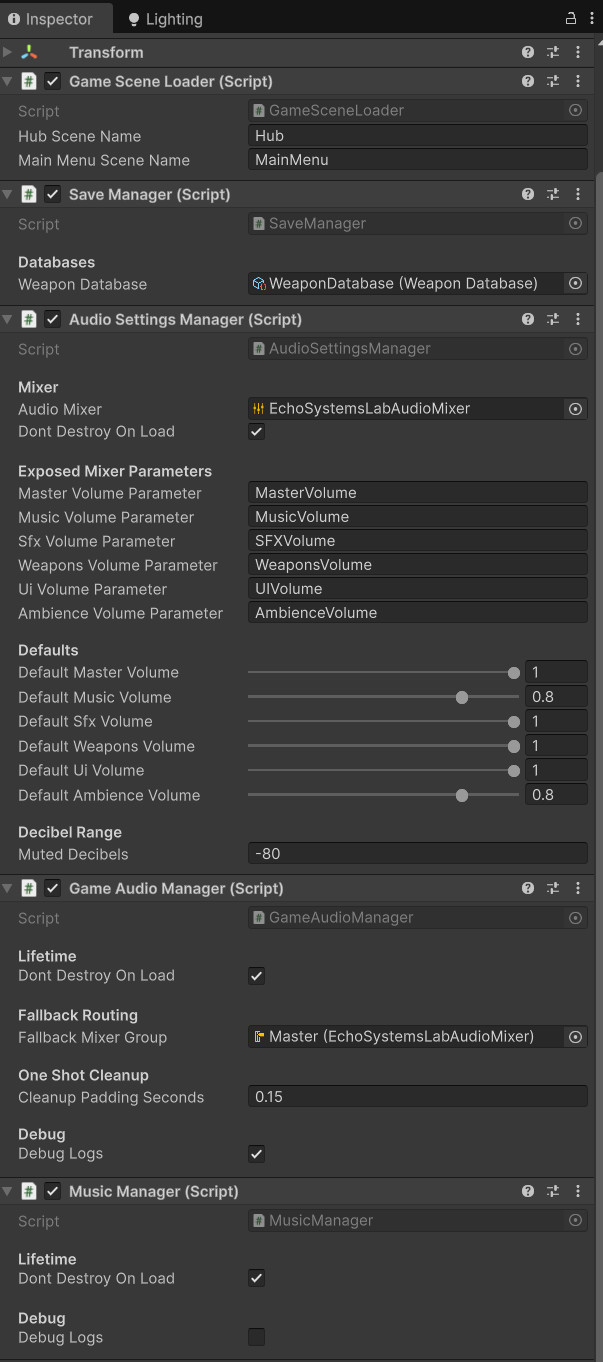 Unity Inspector screenshot of MusicManager and MusicStarter showing track data, play on start, force restart, fade timing, and persistent music playback