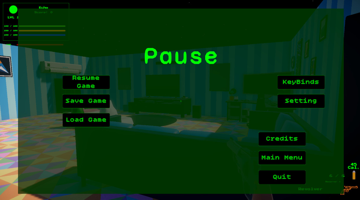 Gameplay screenshot of the pause menu showing resume, save, load, settings, keybindings, credits, main menu, and quit buttons