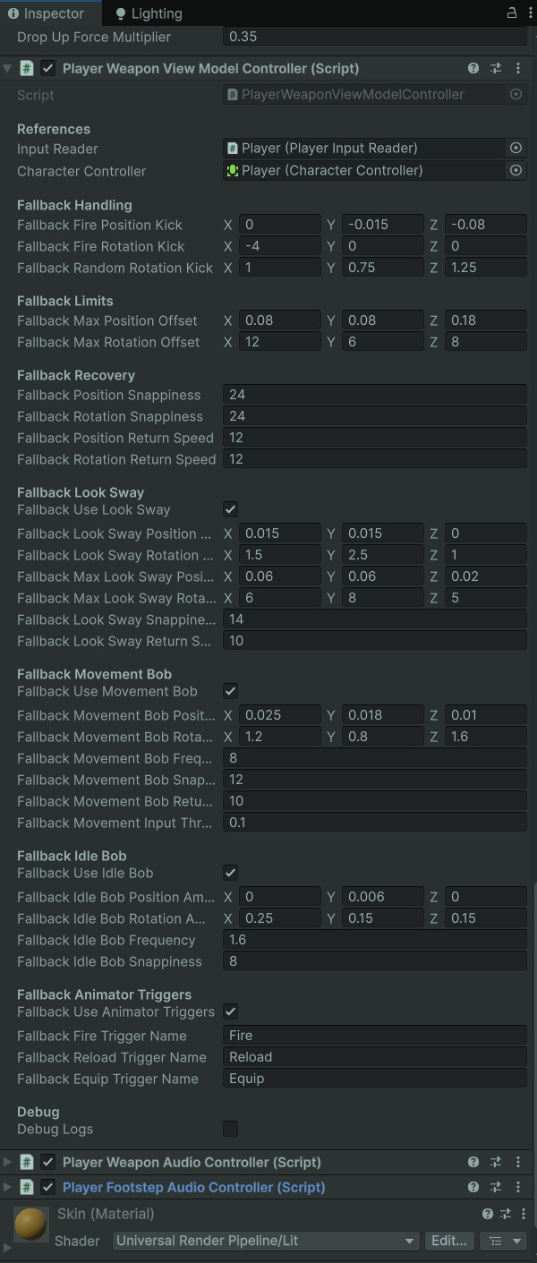 Unity Inspector screenshot of PlayerWeaponViewModelController showing fallback kickback, fallback limits, fallback recovery, animator triggers, and debug settings