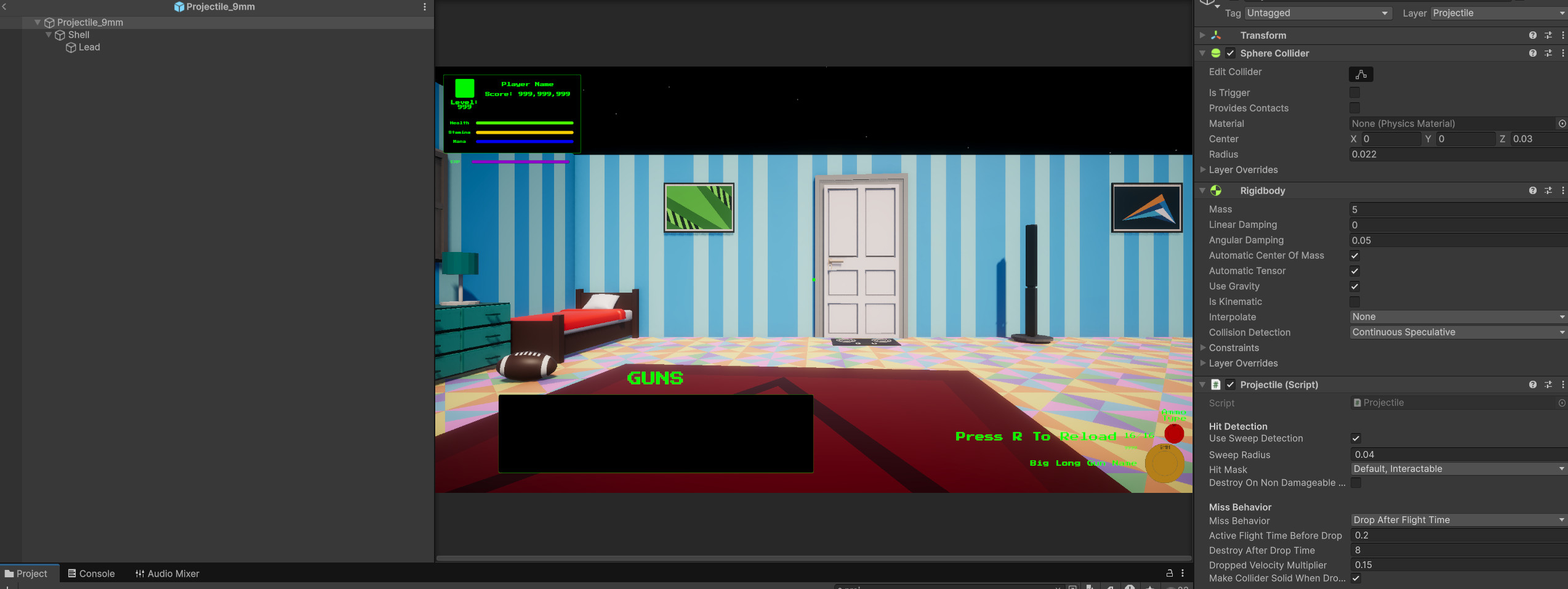 Unity Inspector screenshot of a projectile prefab showing Projectile component fields for sweep detection, sweep radius, hit mask, miss behavior, drop timing, rigidbody, and collider setup