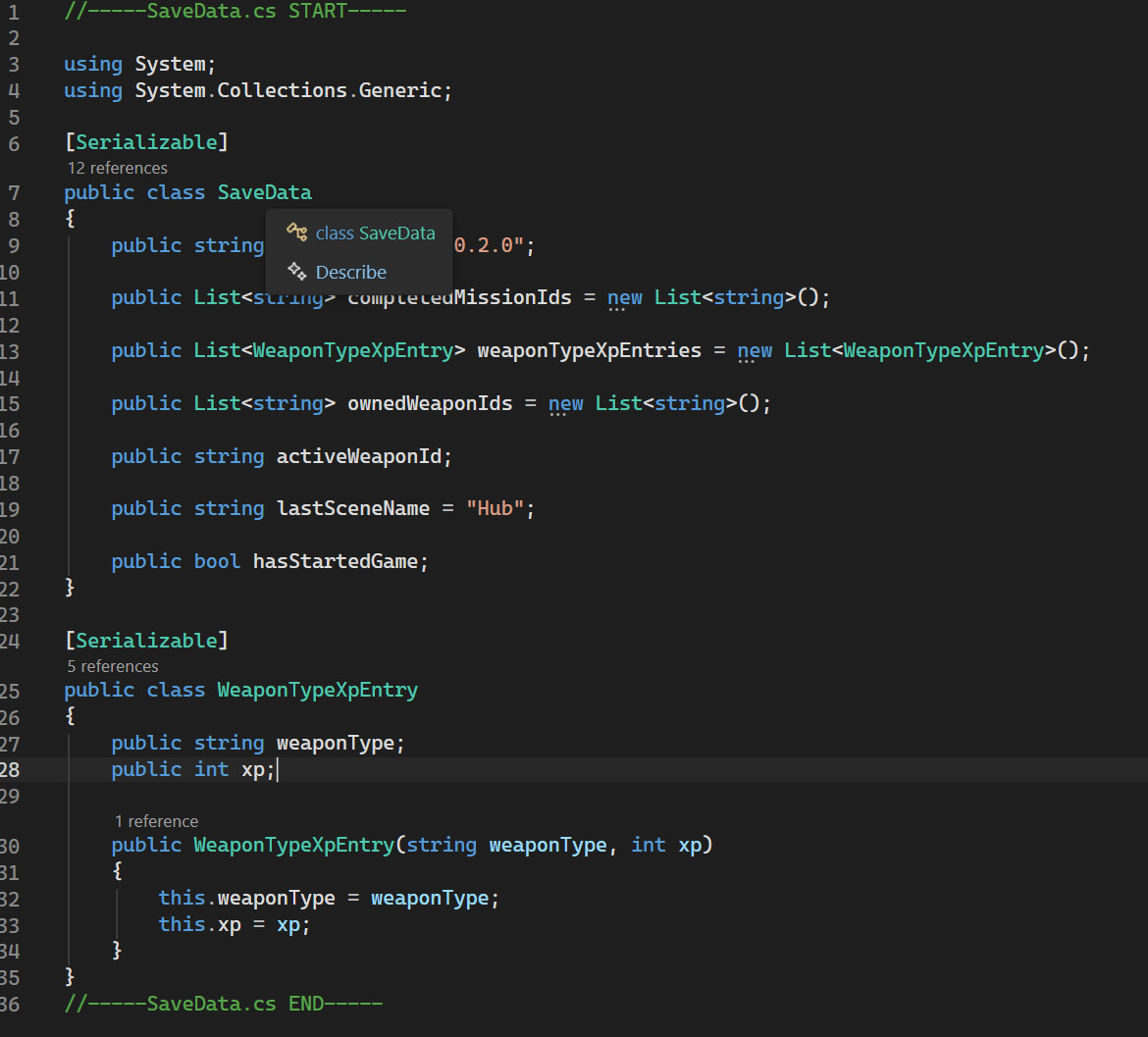 Code screenshot showing SaveData fields for completed mission IDs, owned weapon IDs, active weapon ID, weapon XP, and last scene name
