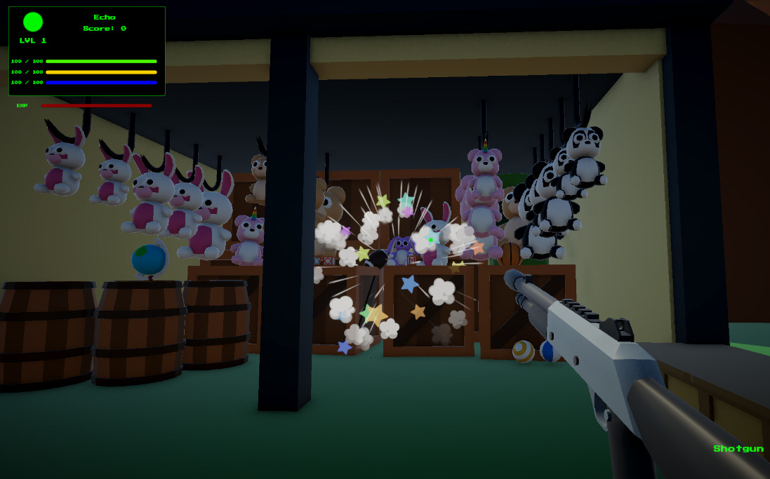 Gameplay screenshot showing shotgun spread or multiple projectile pellets traveling toward target range targets