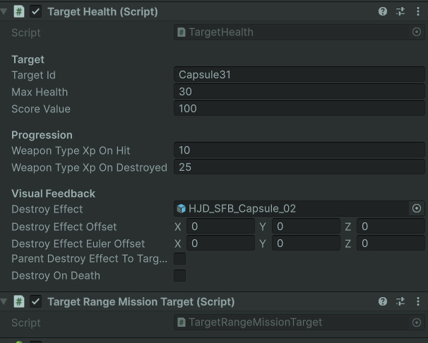 Unity Inspector screenshot of TargetHealth showing health values, destroy effects, XP reward settings, and target damage configuration