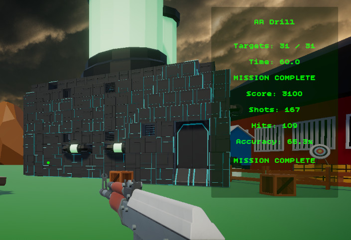 Unity gameplay screenshot of the Target Range HUD showing goal text, timer, score, shots, hits, and accuracy