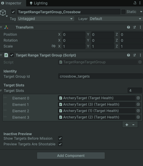 Unity Inspector screenshot of TargetRangeTargetGroup showing group ID, target slots, respawn settings, active target count, and objective mode values
