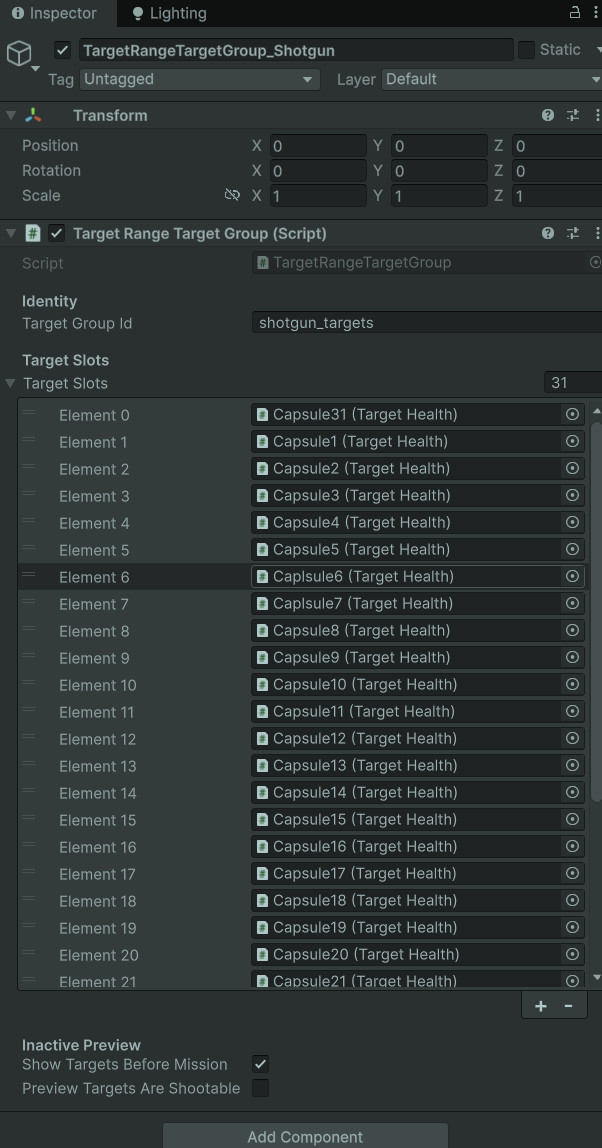 Unity screenshot of TargetRangeTargetGroup inspector setup