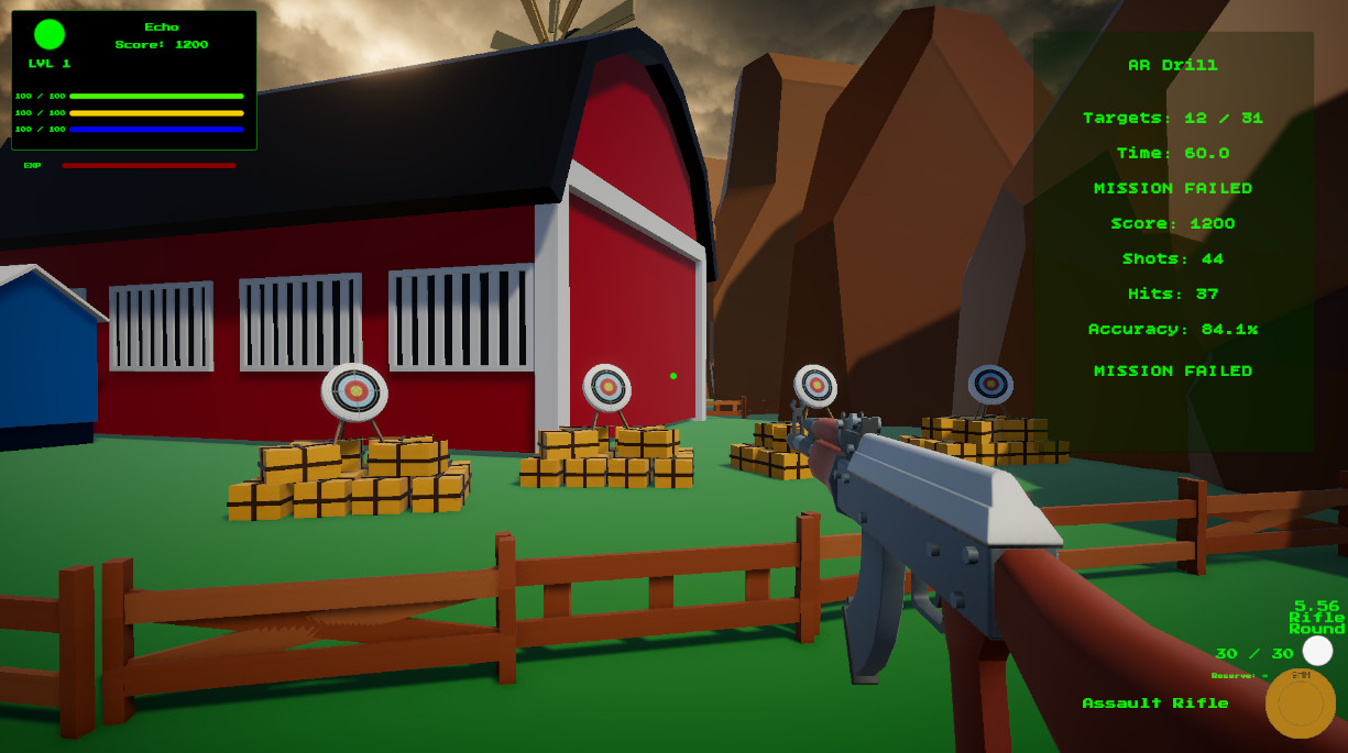 Gameplay screenshot showing active targets spawned in the target range environment during a running mission