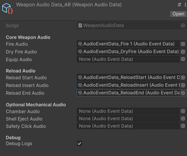 Unity Inspector screenshot of WeaponAudioData showing fire, dry fire, equip, reload start, reload insert, reload end, chamber, shell eject, and safety click audio events