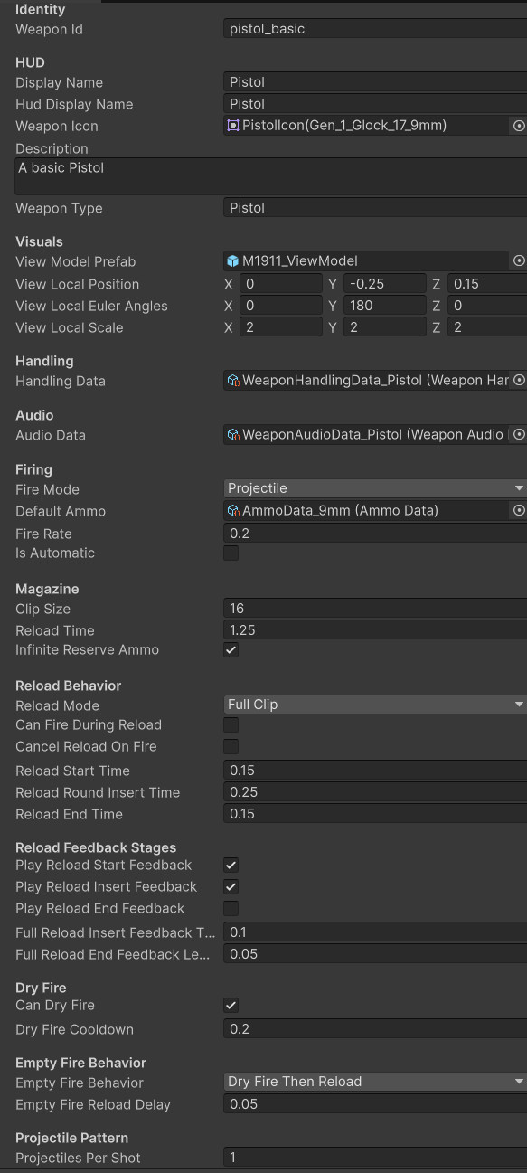 Unity Inspector screenshot of WeaponData used by an interactable weapon pickup or pedestal