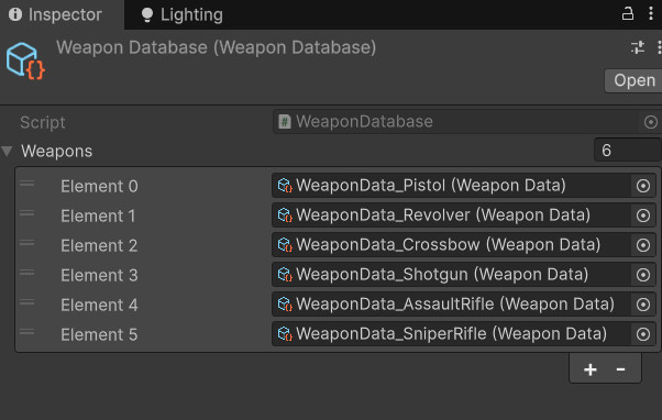Unity Inspector screenshot of a WeaponDatabase ScriptableObject listing all available weapon data assets in database order