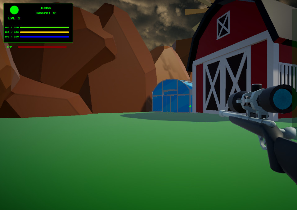 Gameplay screenshot showing first-person weapon view model sway, bob, or idle motion while moving through the test environment